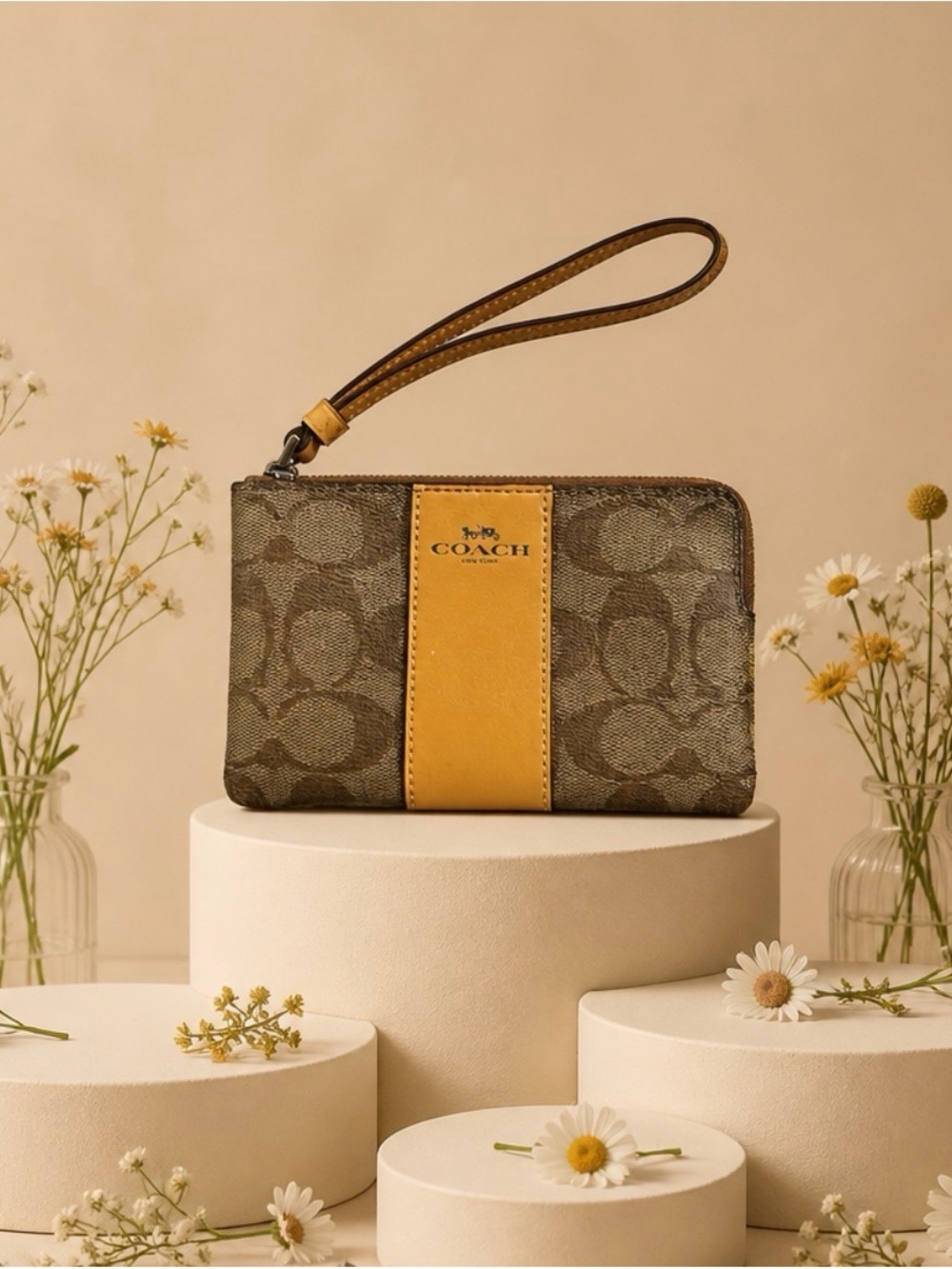 Coach Brown Signature Wristlet Wallet with Yellow Center Stripe